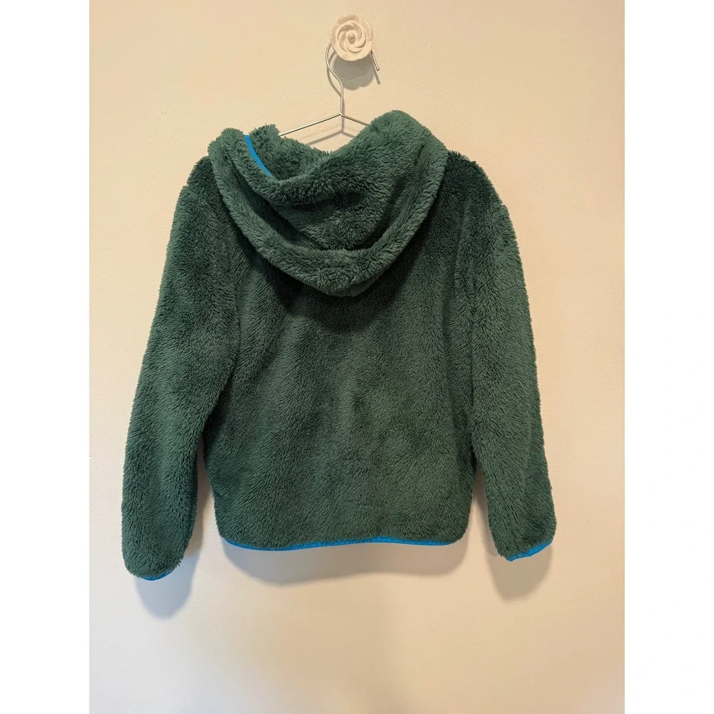 Hanna Andersson Kids Green High Pile Fleece Full Zip Hoodie Jacket Blue Trim 6-7